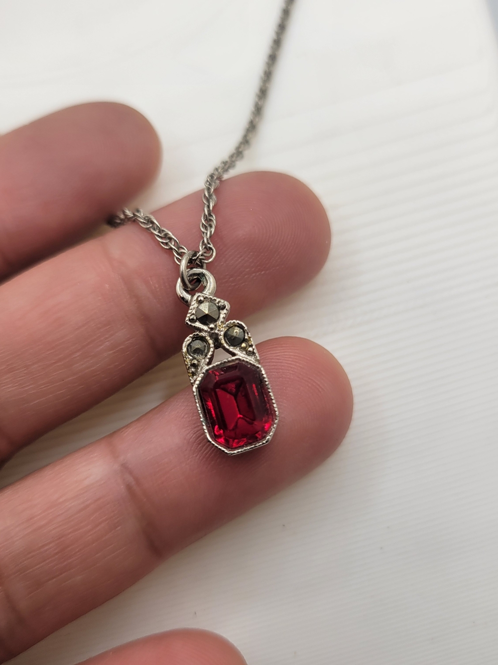 1928 Silver-Tone Necklace with Deep Ruby Red Pendant